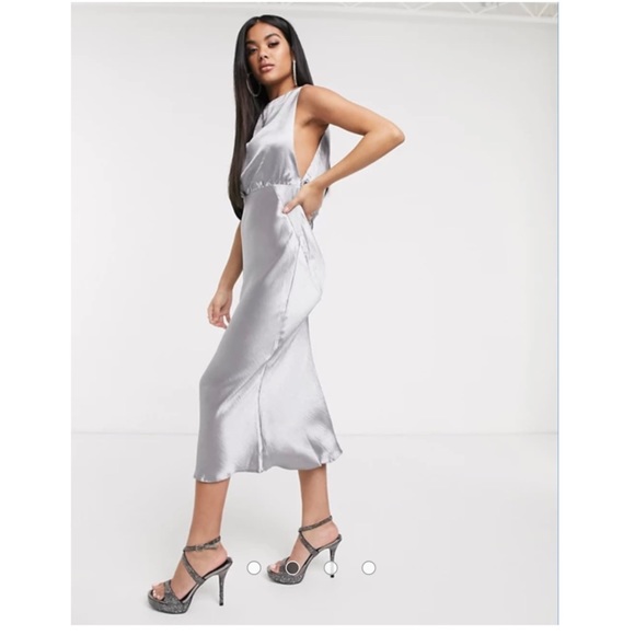 Asos Dark Gray Satin Cowl Back Midi Dress - Picture 4 of 8